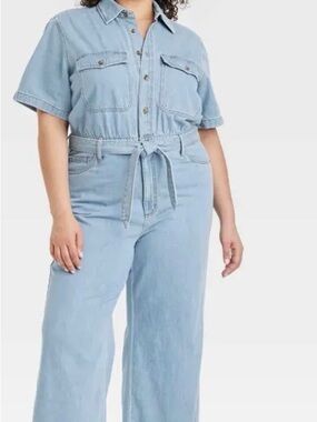 Universal Thread Light Blue Denim Jumpsuit with Tie Waist